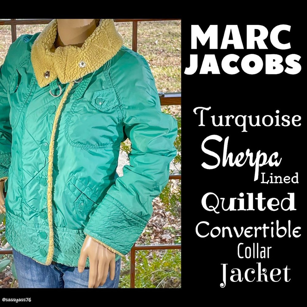 ▪️MARC JACOBS▪️ Turquoise Sherpa Trim Quilted Convertible Collar Jacket